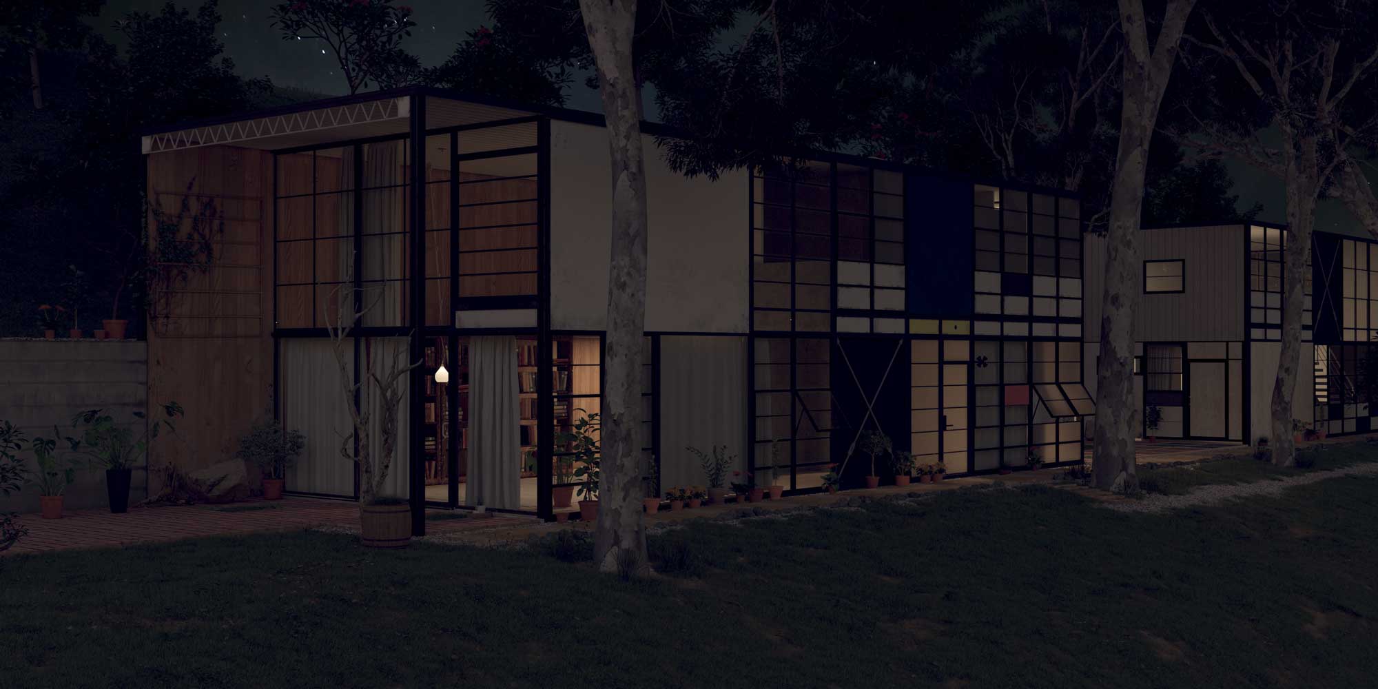 Eames House - Architektur Visualisierung Nacht.